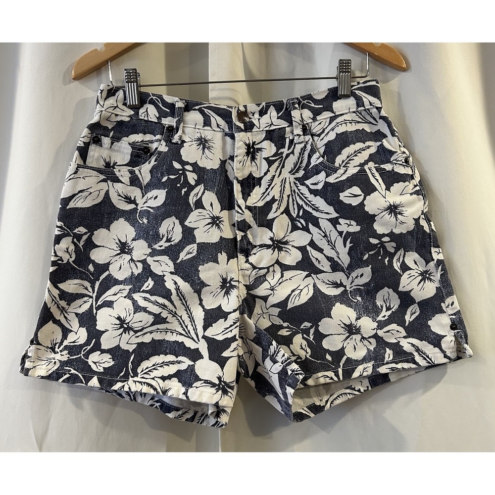 Bill Blass Vintage 90s White Tropical Hawaiian Floral Denim Shorts Women Size 10